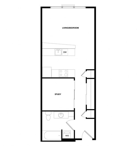 Floor plan for 1 bed, 1 bath, 573 sqft